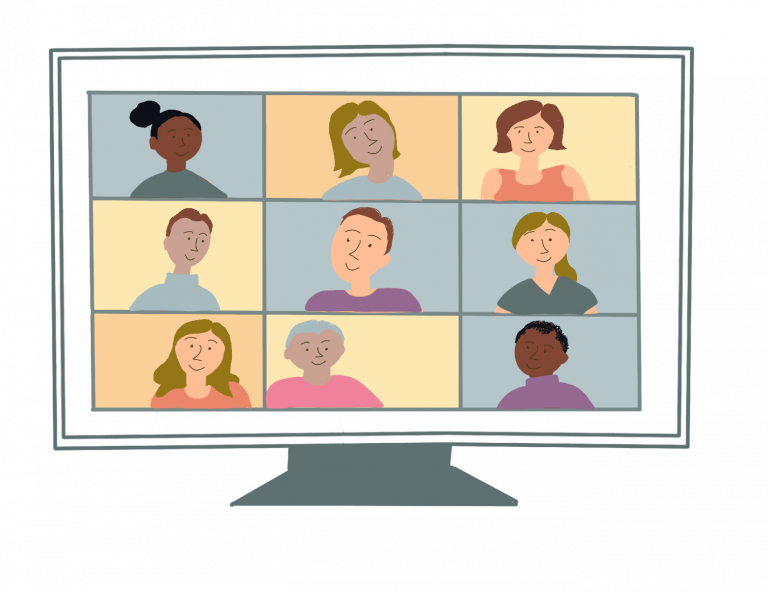 Nine people on a computer screen talking.