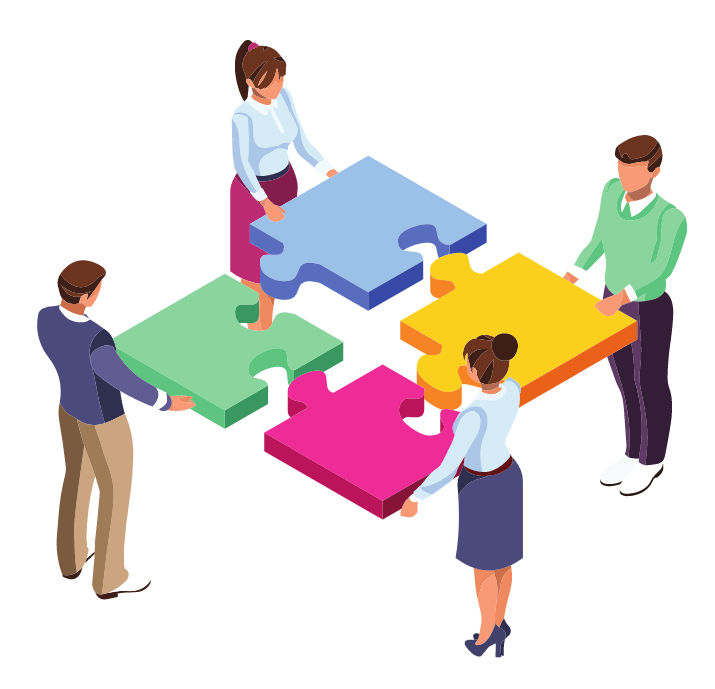 Four people joining four giant jigsaw pieces.