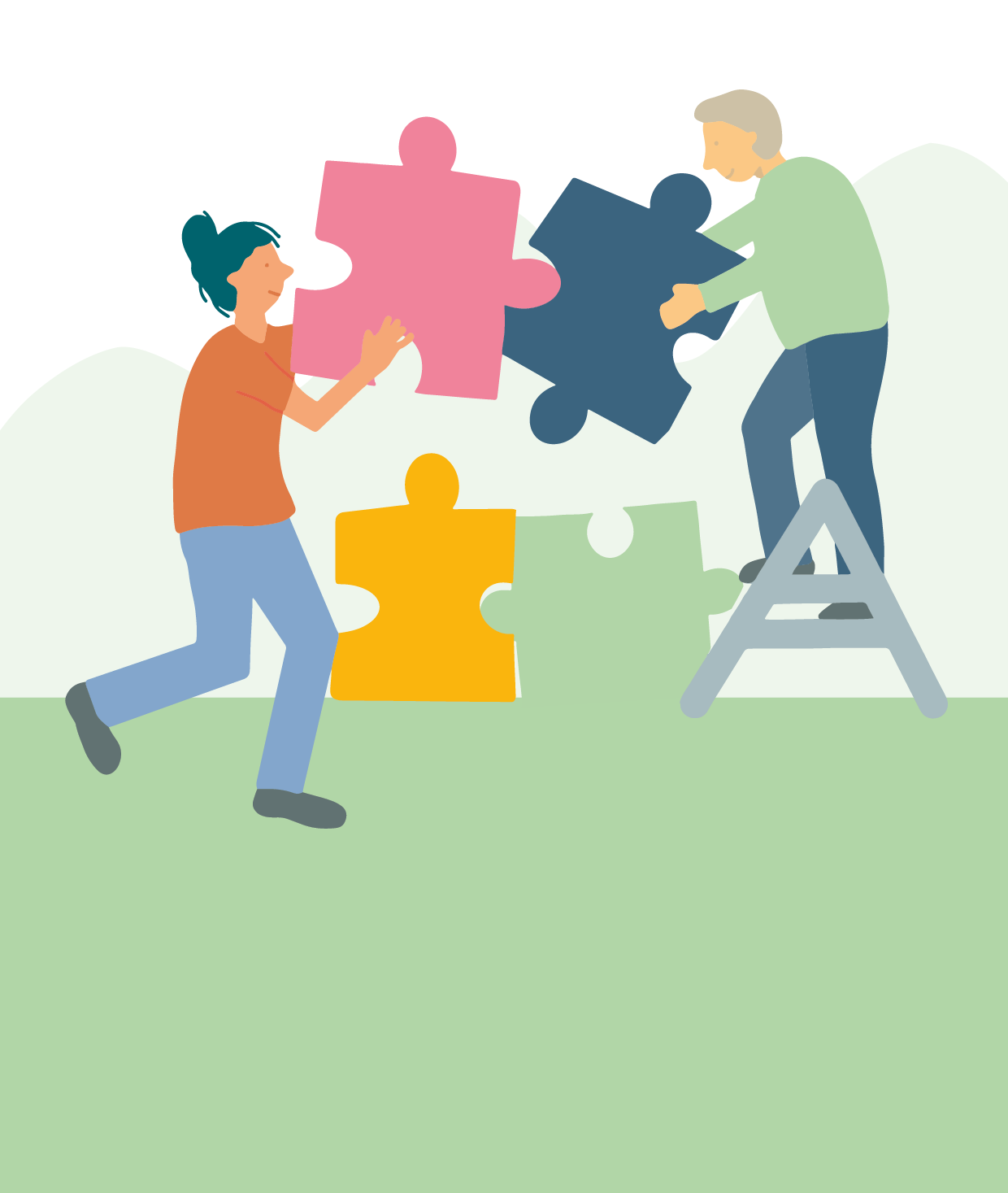 Two people builduing with four giant jigsaw pieces.