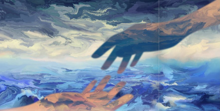Two hands reaching our to one another above a stormy sea.