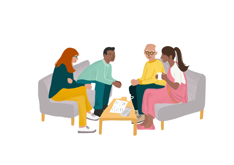 Group of people sitting on chairs, chatting over a hot drink.