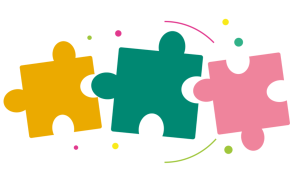 3 jigsaw pieces in a row. One yellow, one green and one pink.