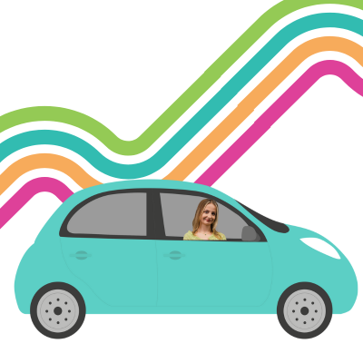 A car sits in front of a backdrop of a bendy road made up of four different coloured lines. A woman is seen in the window of the drivers seat of the car.