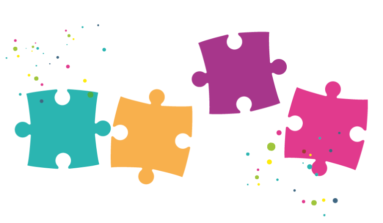 Four jigsaw pieces in a row. The third one pops out above the others. Multi-coloured dots surround the jigsaw pieces.