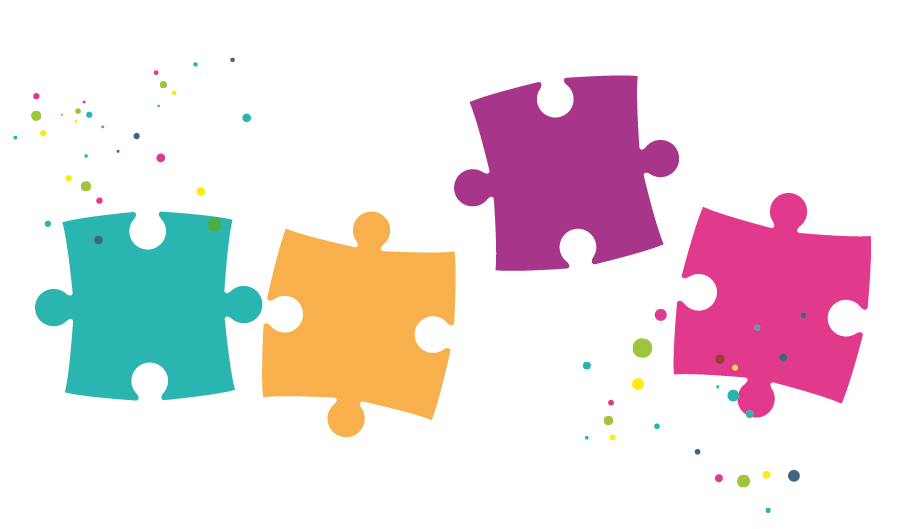 Four jigsaw pieces in a row. The third one pops out above the others. Multi-coloured dots surround the jigsaw pieces.