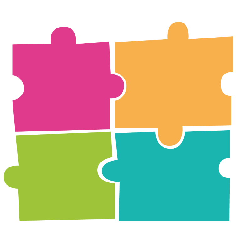 Four different coloured jigsaw pieces joined together (pink, orange, lime green and turquoise).