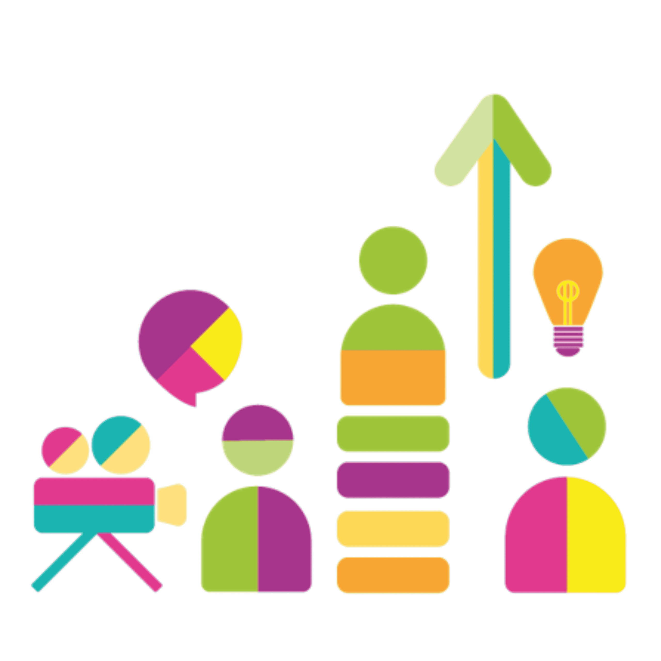 A set of colourful, flat-design icons representing business and creative concepts, featuring a movie camera, a speech bubble containing speech bubbles, two stylized figures, a vertical stacked bar graph, an upward-pointing arrow, and a lightbulb.