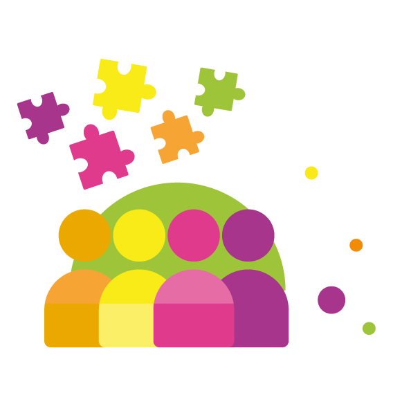 A group of icons of four people with different coloured jigsaw pieces above them and dots to the side of them. They stand in front of a lime green half circle.